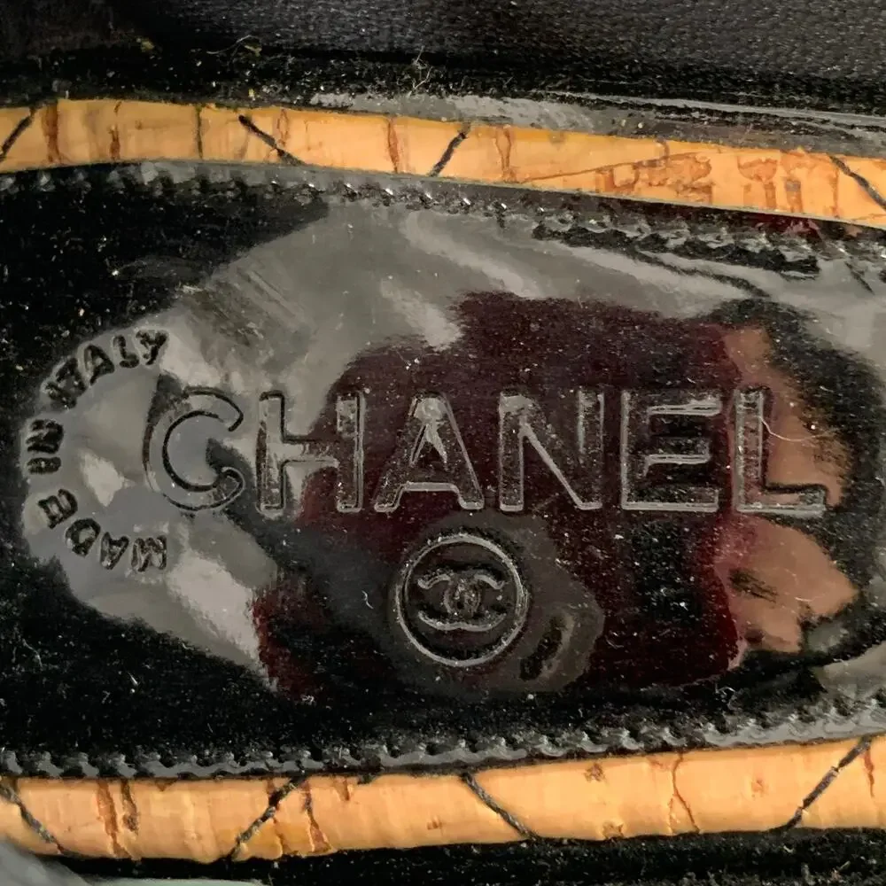 CHANEL 6.5 Black Natural Patent Leather Quilted Cork Peep Toe Platform Pumps